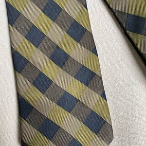 Men’s DKNY Silk Necktie Green/Blue/Yellow/Gray Plaid/Check Geometric Design